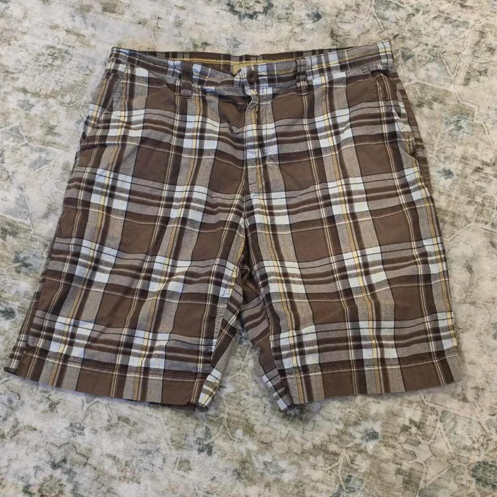 Sonoma Life + Style Mens Brown Plaid Cotton Flat Front Shorts Size 36